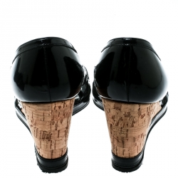 Pre Owned Stuart Weitzman Black Patent Leather Cutout Wedges Pumps Size 38.5