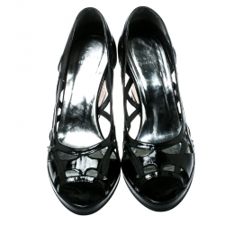 Pre Owned Stuart Weitzman Black Patent Leather Cutout Wedges Pumps Size 38.5