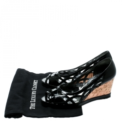 Pre Owned Stuart Weitzman Black Patent Leather Cutout Wedges Pumps Size 38.5