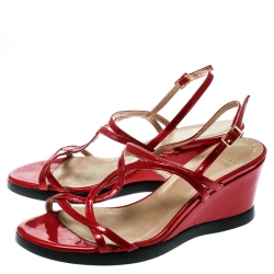 Stuart Weitzman Red Patent Leather Strappy Wedge Sandals Size 36.5