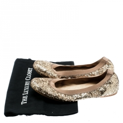 Stuart Weitzman Metallic Gold Glitter Lastikon Scrunch Ballet Flats Size 38.5