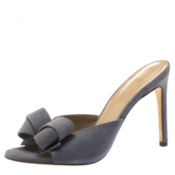 Stuart Weitzman Grey Suede Bow Detail Peep Toe Slides Size 39.5