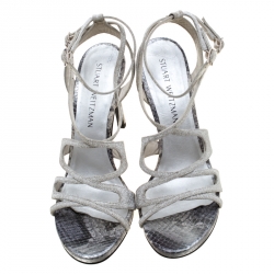 Stuart Weitzman Metallic Silver Glitter And Python Embossed Leather Strappy Sandals Size 38.5
