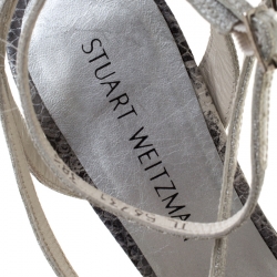 Stuart Weitzman Metallic Silver Glitter And Python Embossed Leather Strappy Sandals Size 38.5