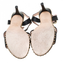 Stuart Weitzman Black Leather Tassel Detail Studded T Strap Sandals Size 37