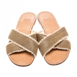 Stuart Weitzman Gold/Brown Edgeway Frayed Slide Sandals Size 38