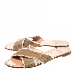 Stuart Weitzman Gold/Brown Edgeway Frayed Slide Sandals Size 38