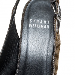 مملوكة مسبقًا Stuart Weitzman Grey/Gold Shimmer Fabric Jean Peep Toe Cork Wedge Slingback Sandals Size 36