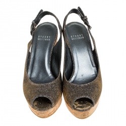 مملوكة مسبقًا Stuart Weitzman Grey/Gold Shimmer Fabric Jean Peep Toe Cork Wedge Slingback Sandals Size 36