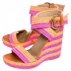 Pre Owned Stuart Weitzman Pink/Orange Braided Leather Ankle Strap Wedge Platform Sandals Size 36