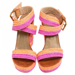 Pre Owned Stuart Weitzman Pink/Orange Braided Leather Ankle Strap Wedge Platform Sandals Size 36