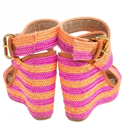 Pre Owned Stuart Weitzman Pink/Orange Braided Leather Ankle Strap Wedge Platform Sandals Size 36