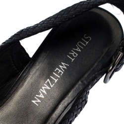 Stuart Weitzman Black Woven Leather Peep Toe Wedge Slingback Sandals Size 40