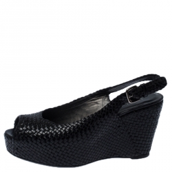 Stuart Weitzman Black Woven Leather Peep Toe Wedge Slingback Sandals Size 40