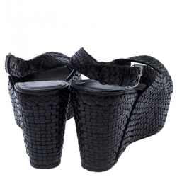 Stuart Weitzman Black Woven Leather Peep Toe Wedge Slingback Sandals Size 40