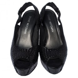 Stuart Weitzman Black Woven Leather Peep Toe Wedge Slingback Sandals Size 40