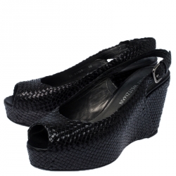 Stuart Weitzman Black Woven Leather Peep Toe Wedge Slingback Sandals Size 40