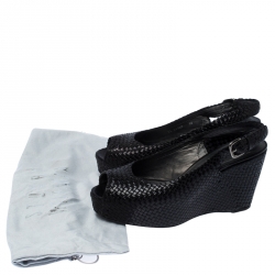 Stuart Weitzman Black Woven Leather Peep Toe Wedge Slingback Sandals Size 40