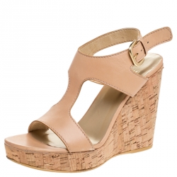 Stuart Weitzman Beige Leather Open Toe Cork Wedge Slingback Sandals Size 37