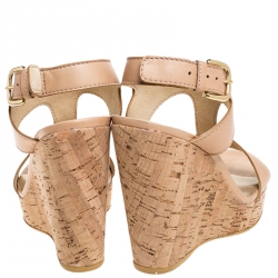 Stuart Weitzman Beige Leather Open Toe Cork Wedge Slingback Sandals Size 37
