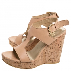 Stuart Weitzman Beige Leather Open Toe Cork Wedge Slingback Sandals Size 37