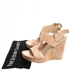 Stuart Weitzman Beige Leather Open Toe Cork Wedge Slingback Sandals Size 37