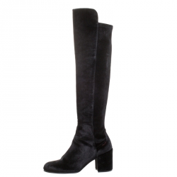 Pre Owned Stuart Weitzman Black Stretch Velvet Over The Knee Block Heel Boots Size 38