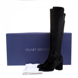 Pre Owned Stuart Weitzman Black Stretch Velvet Over The Knee Block Heel Boots Size 38