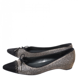 Stuart Weitzman Glitter Fabric And Black Suede Bow Pointed Cap Toe Ballet Flats Size 38.5