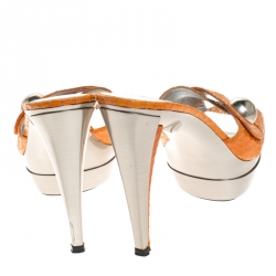 Stuart Weitzman Orange Criss Cross Python Effect Leather Metal Platform Sandals Size 38