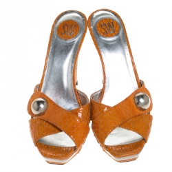 Stuart Weitzman Orange Criss Cross Python Effect Leather Metal Platform Sandals Size 38