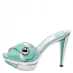 Stuart Weitzman Green Criss Cross Python Effect Leather Metal Platform Sandals Size 38