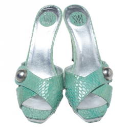 Stuart Weitzman Green Criss Cross Python Effect Leather Metal Platform Sandals Size 38