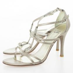 Pre Owned Stuart Weitzman Silver Leather Embellished Sandals Size 39.5