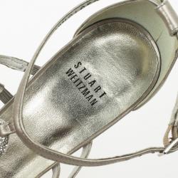 Pre Owned Stuart Weitzman Silver Leather Embellished Sandals Size 39.5