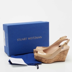 Stuart Weitzman Beige Patent Leather Jean Peep Toe Cork Wedge Pumps Size 35.5