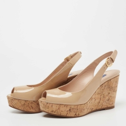 Stuart Weitzman Beige Patent Leather Jean Peep Toe Cork Wedge Pumps Size 35.5
