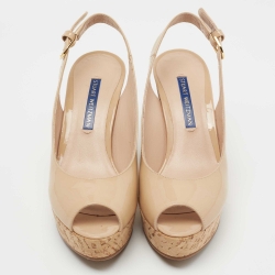 Stuart Weitzman Beige Patent Leather Jean Peep Toe Cork Wedge Pumps Size 35.5