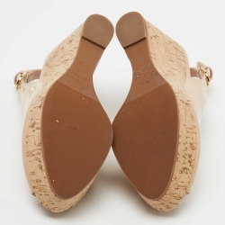 Stuart Weitzman Beige Patent Leather Jean Peep Toe Cork Wedge Pumps Size 35.5