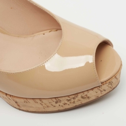 Stuart Weitzman Beige Patent Leather Jean Peep Toe Cork Wedge Pumps Size 35.5