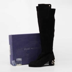 Stuart Weitzman Black Suede Pearl Studded Knee Length Boots Size 39.5