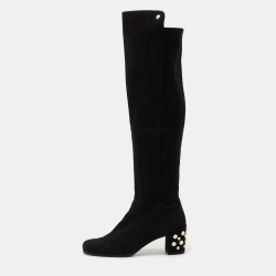 Stuart Weitzman Black Suede Pearl Studded Knee Length Boots Size 39.5
