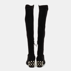 Stuart Weitzman Black Suede Pearl Studded Knee Length Boots Size 39.5