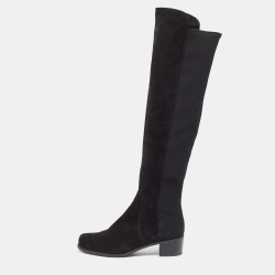 Black Suede And Neoprene Knee Length Boots