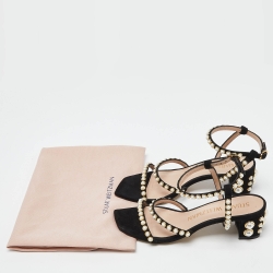مملوكة مسبقًا Stuart Weitzman Black Suede Faux Pearl Embellished Ankle Strap Sandals Size 36.5