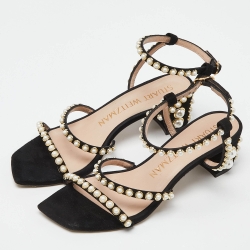 مملوكة مسبقًا Stuart Weitzman Black Suede Faux Pearl Embellished Ankle Strap Sandals Size 36.5