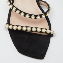 مملوكة مسبقًا Stuart Weitzman Black Suede Faux Pearl Embellished Ankle Strap Sandals Size 36.5
