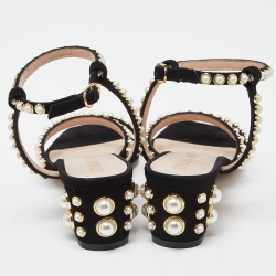 مملوكة مسبقًا Stuart Weitzman Black Suede Faux Pearl Embellished Ankle Strap Sandals Size 36.5