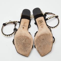 مملوكة مسبقًا Stuart Weitzman Black Suede Faux Pearl Embellished Ankle Strap Sandals Size 36.5