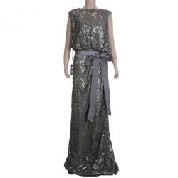 مملوكة مسبقًا Tadashi Shoji Grey Sequin Belted Gown XXL